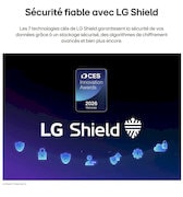Le LG Shield, appliqué à LG OLED evo AI C6, est présenté avec un logo LG Shield au centre, des icônes de sécurité ci-dessous et un badge du lauréat des CES Innovation Awards 2026 ci-dessus, représentant la protection des données et du système.
